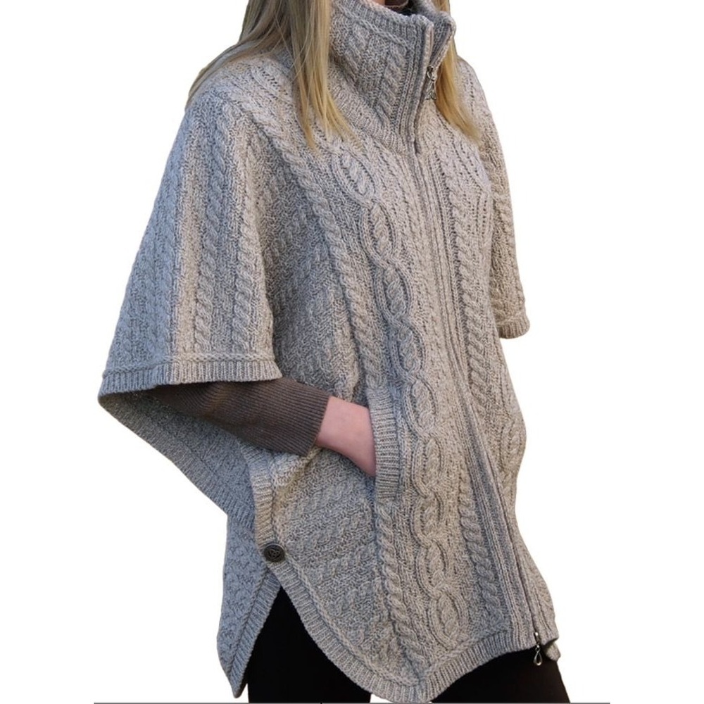 Aran Crafts Poncho Sweater Gray Cable knit Merino Wool Funnel Neck Sz M Heritage
